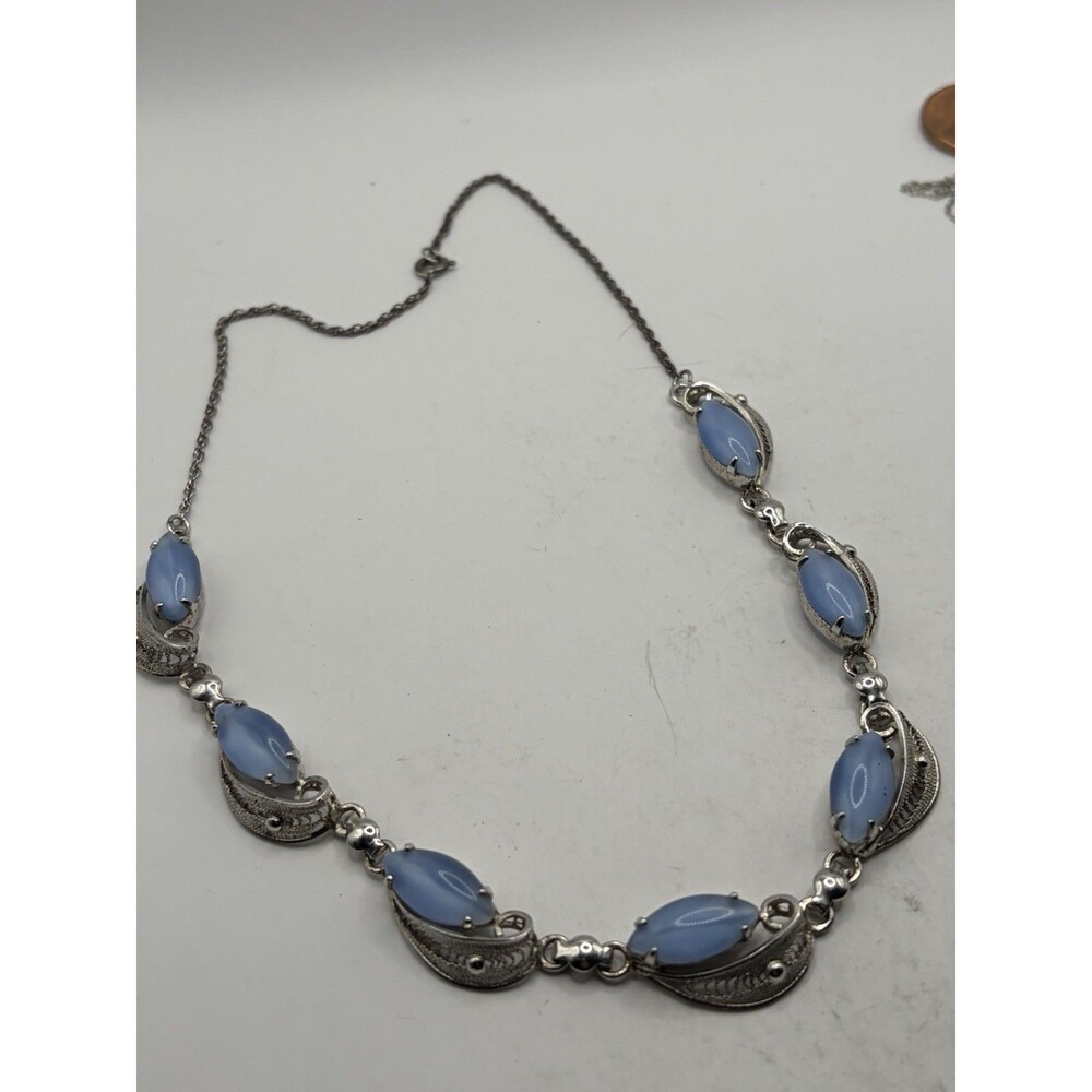 Vintage Sterling Silver Blue Cat Eye Cabochon Filigree Necklace 16”